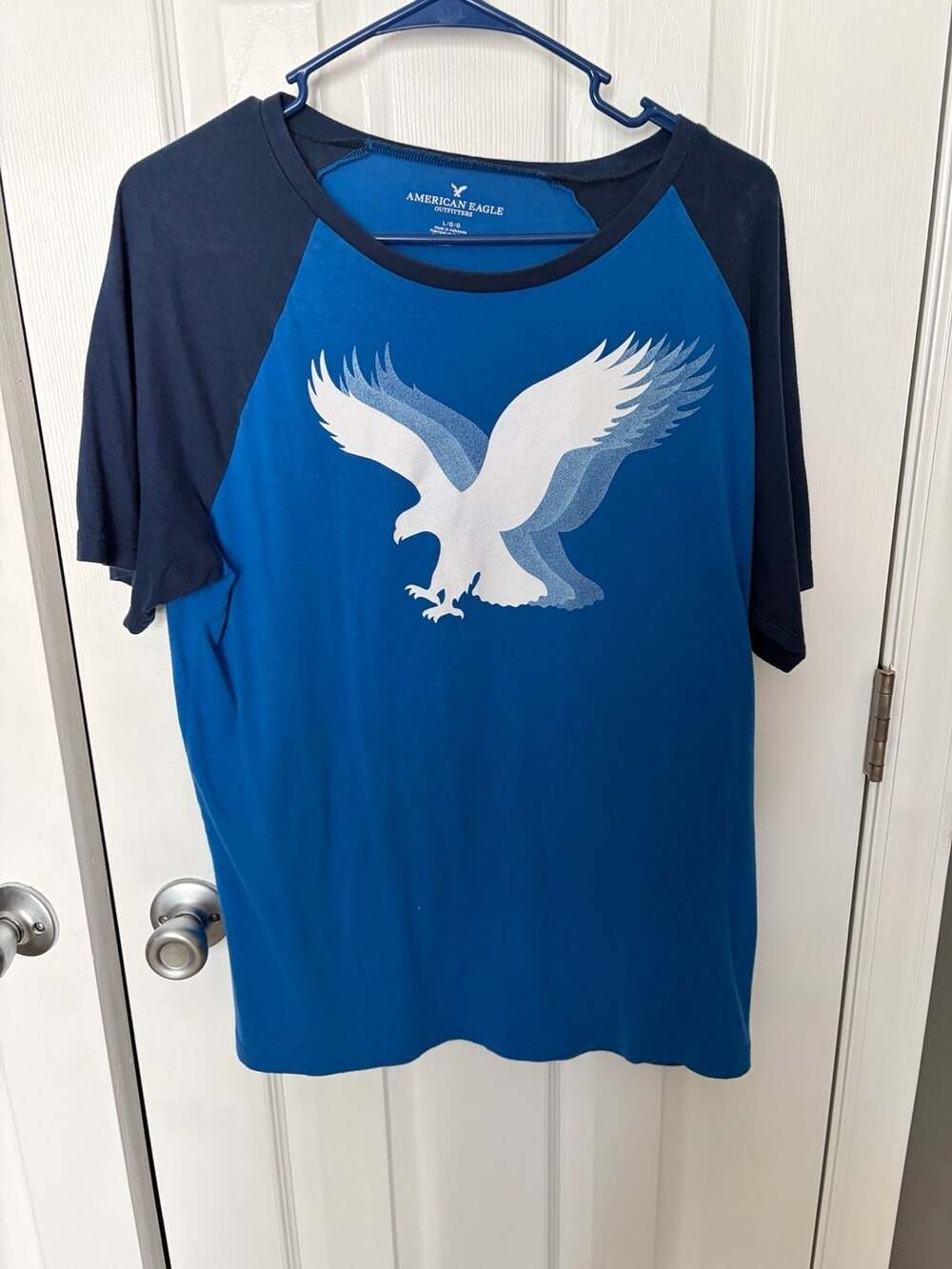 American Eagle Outfitters Men's Blue and Navy Raglan Graphic T-Shirt